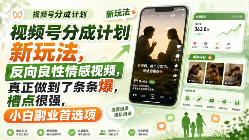 视频号分成计划新玩法，反向良性情感视频，真正做到了条条爆，槽点很强，小白副业首选项|无忧资源社