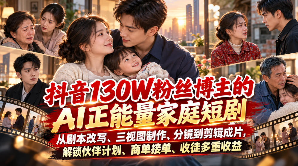 抖音130W粉丝博主的AI正能量家庭短剧，从剧本改写、三视图制作、分镜到剪辑成片，解锁伙伴计划、商单接单、收徒多重收益|无忧资源社