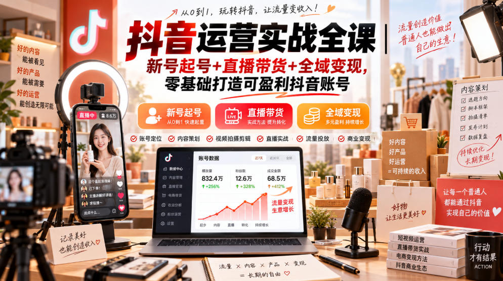 抖音运营实战全课|新号起号+直播带货+全域变现,零基础打造可盈利抖音账号|无忧资源社