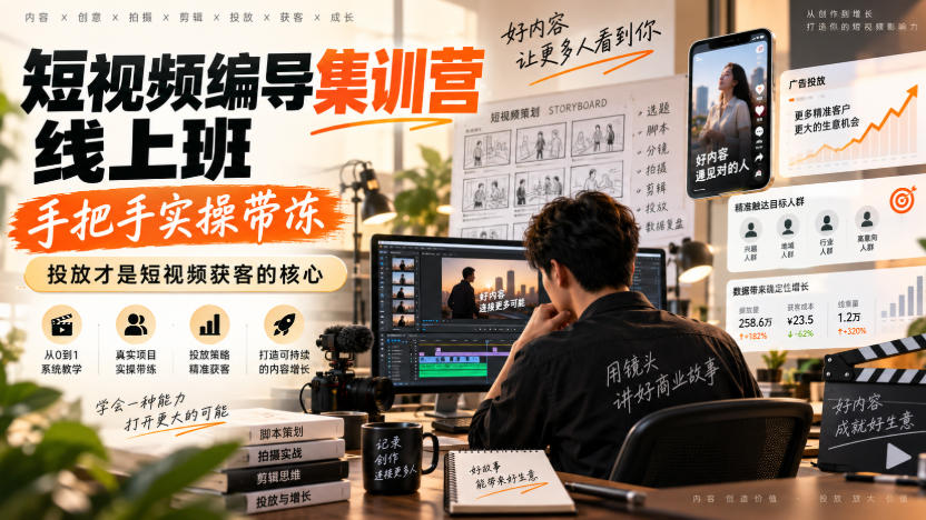 短视频编导集训营线上班，手把手实操带冻，投放才是短视频获客的核心|无忧资源社