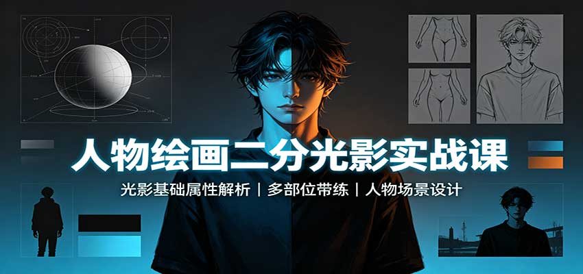 人物绘画二分光影实战课：光影基础属性解析，多部位带练，人物场景设计|无忧资源社