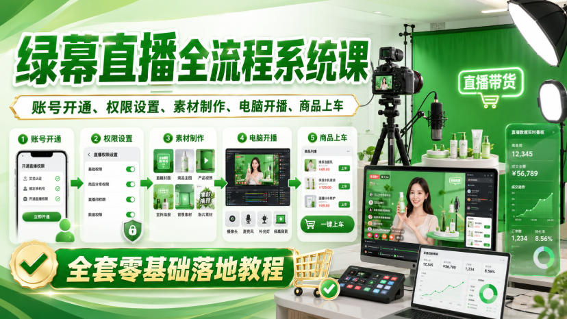 绿幕直播全流程系统课，账号开通、权限设置、素材制作、电脑开播、商品上车全套零基础落地教程|无忧资源社