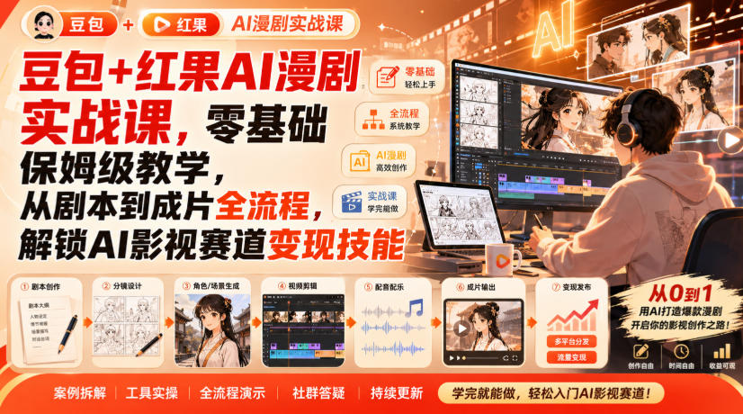 豆包+红果AI漫剧实战课，零基础保姆级教学，从剧本到成片全流程，解锁AI影视赛道变现技能|无忧资源社