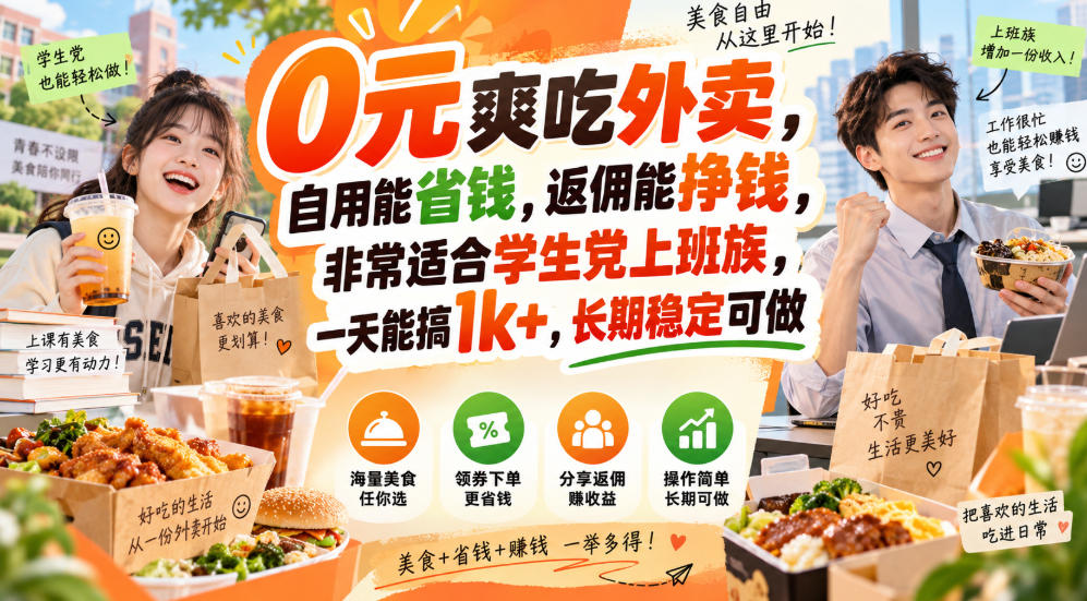 0元爽吃外卖，自用能省钱，返佣能挣钱，非常适合学生党上班族，一天能搞1k+，长期稳定可做|无忧资源社