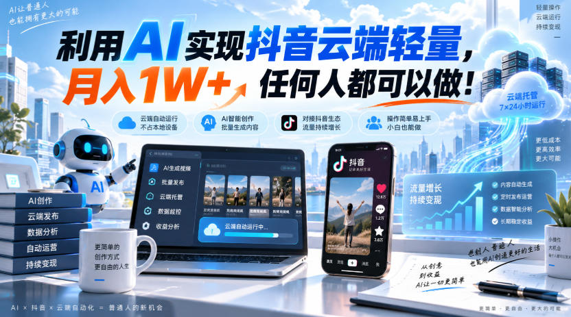 利用AI实现抖音云端轻量，月入1W+，任何人都可以做！【揭秘】|无忧资源社