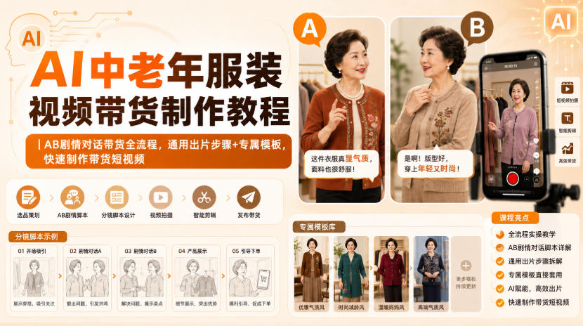 AI中老年服装视频带货制作教程｜AB剧情对话带货全流程，通用出片步骤+专属模板，快速制作带货短视频|无忧资源社