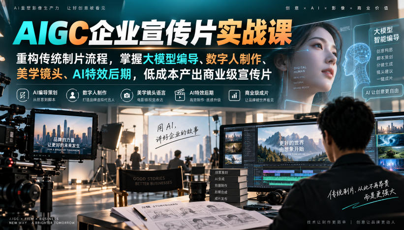 AIGC企业宣传片实战课，重构传统制片流程，掌握大模型编导、数字人制作、美学镜头、AI特效后期，低成本产出商业级宣传片|无忧资源社
