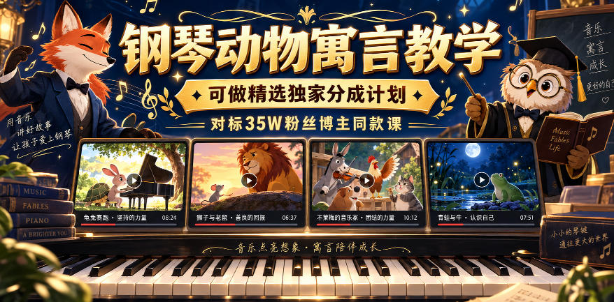 钢琴动物寓言教学,可做精选独家分成计划,对标35W粉丝博主同款课|无忧资源社