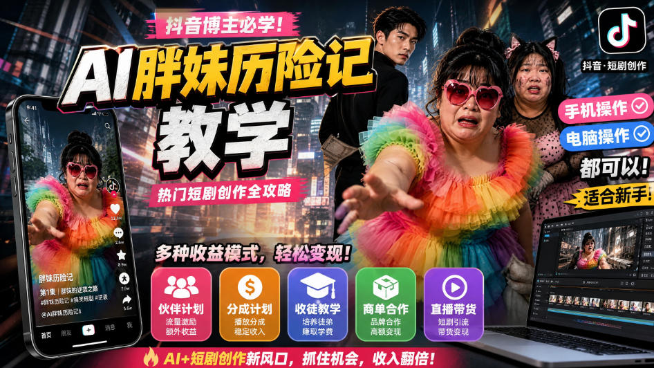 抖音博主的AI胖妹历险记教学，伙伴计划+分成计划+收徒+商单等多种收益，适合新手，手机电脑都可以操作|无忧资源社