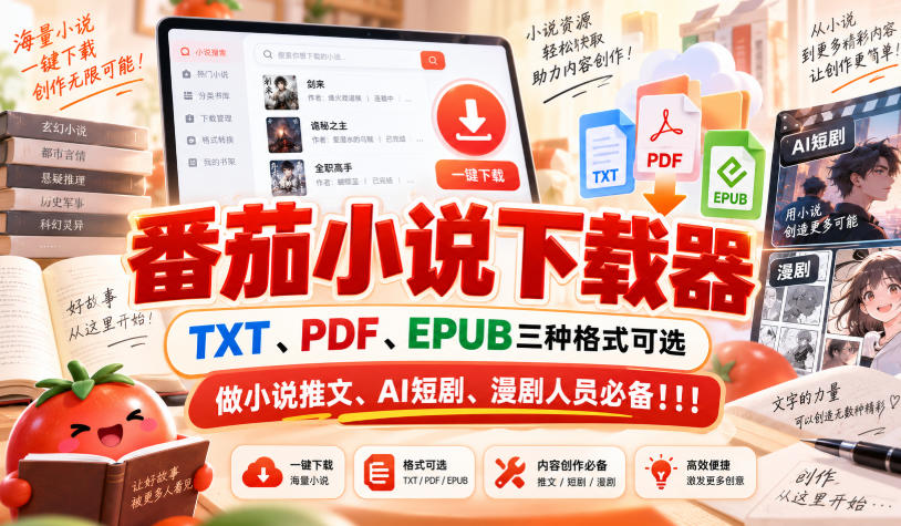 番茄小说下载器,TXT、PDF、EPUB三种格式可选,做小说推文、AI短剧、漫剧人员必备!!!|无忧资源社