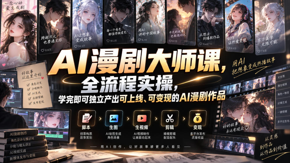 AI漫剧大师课，全流程实操，学完即可独立产出可上线、可变现的AI漫剧作品|无忧资源社
