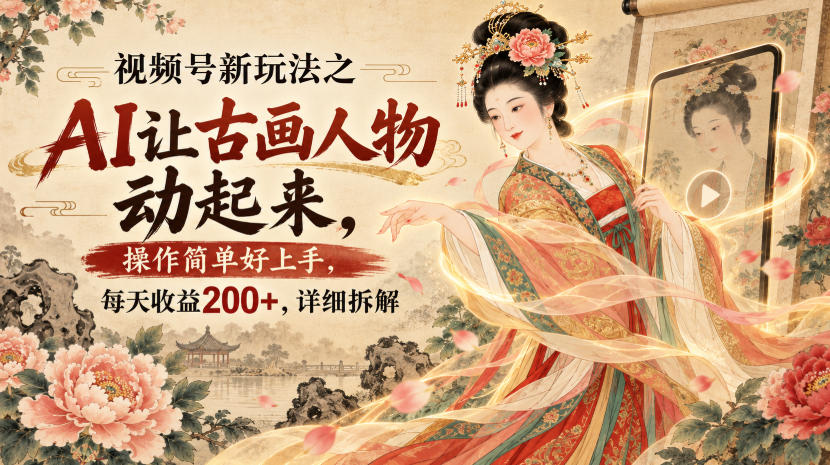 视频号新玩法之AI让古画人物动起来，操作简单好上手，每天收益200+，详细拆解|无忧资源社