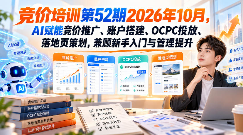 【无水印】竞价培训第52期2026年10月，AI赋能竞价推广、账户搭建、OCPC投放、落地页策划，兼顾新手入门与管理提升|无忧资源社