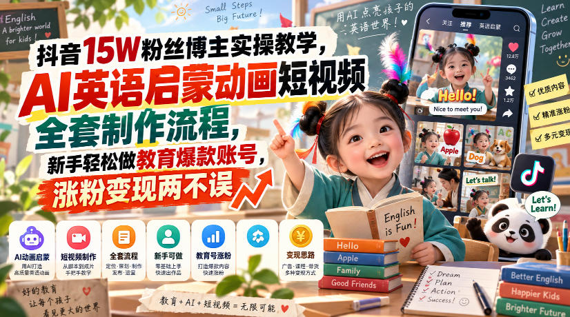 抖音15W粉丝博主实操教学，AI英语启蒙动画短视频全套制作流程，新手轻松做教育爆款账号，涨粉变现两不误|无忧资源社