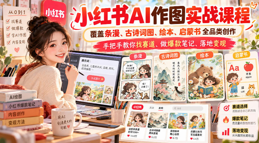 小红书AI作图实战课程，覆盖条漫、古诗词图、绘本、启蒙书全品类创作，手把手教你找赛道、做爆款笔记、落地变现|无忧资源社