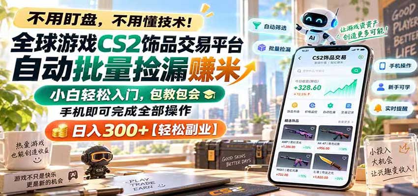 全球游戏CS2饰品交易平台自动批量捡漏赚米，手机即可完成全部操作，日入300+|无忧资源社