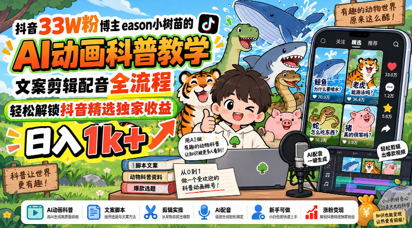 抖音33W粉博主eason小树苗的AI动画科普教学，文案剪辑配音全流程，轻松解锁抖音精选独家收益，日入1k+|无忧资源社