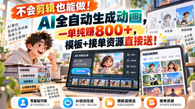 不会剪辑也能做！AI全自动生成动画，一单纯賺800+，模板+接单资源直接送！【揭秘】|无忧资源社
