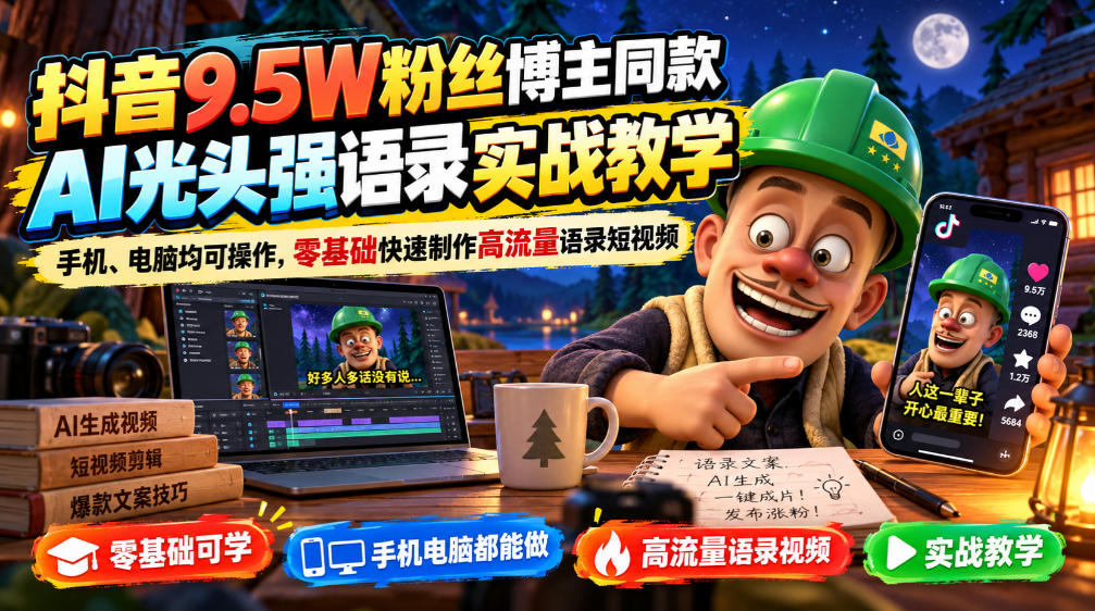 抖音9.5W粉丝博主同款AI光头强语录实战教学，手机、电脑均可操作，零基础快速制作高流量语录短视频|无忧资源社
