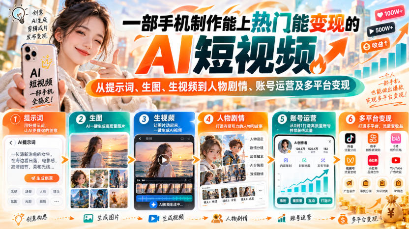 【无水印】一部手机制作能上热门能变现的AI短视频，从提示词、生图、生视频到人物剧情、账号运营及多平台变现|无忧资源社