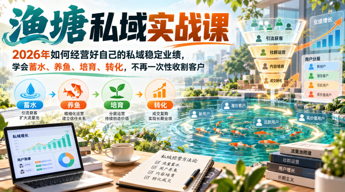 渔塘私域实战课，2026年如何经营好自己的私域稳定业绩，学会蓄水、养鱼、培育、转化，不再一次性收割客户|无忧资源社