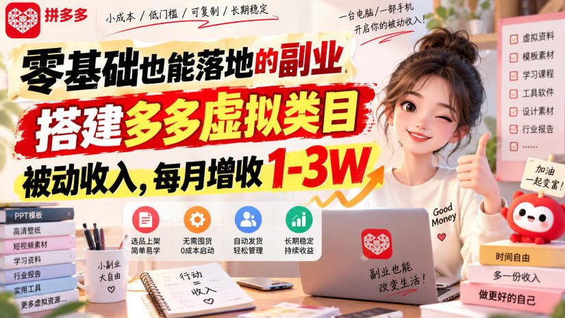 零基础也能落地的副业,搭建多多虚拟类目被动收入,每月增收1-3W【揭秘】|无忧资源社