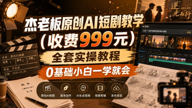 杰老板原创AI短剧教学(收费999元),全套实操教程,0基础小白一学就会,非搬运技术|无忧资源社