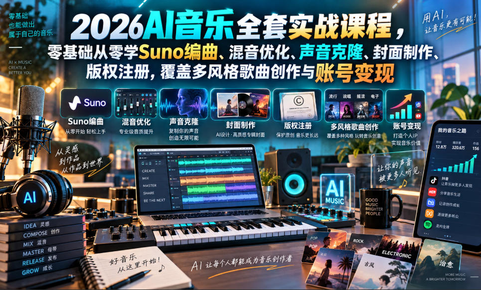 2026AI音乐实战课程，零基础从零学Suno编曲、混音优化、声音克隆、版权注册，覆盖多风格歌曲创作与账号变现|无忧资源社