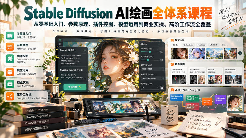 【无水印】Stable Diffusion AI绘画全体系课程，从零基础入门、参数原理、插件控图、模型运用到商业实操、高阶工作流全覆盖|无忧资源社