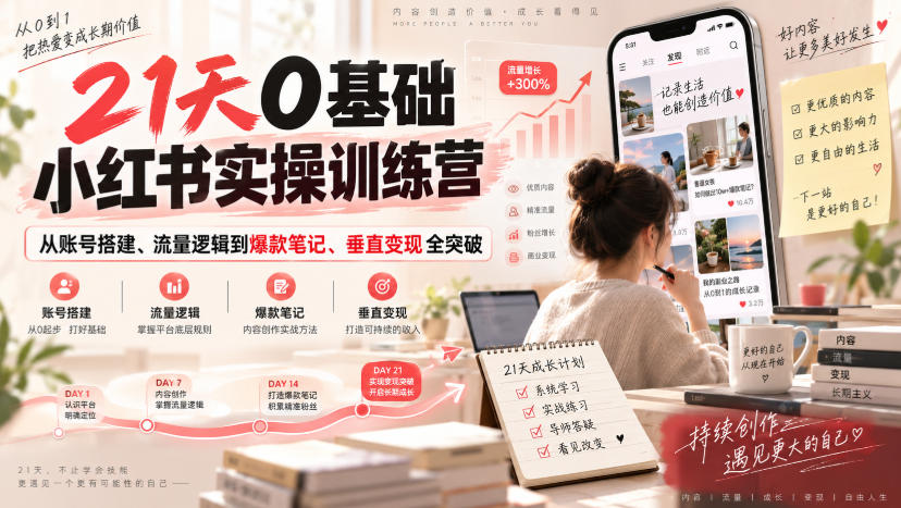 21天0基础小红书实操训练营｜从账号搭建、流量逻辑到爆款笔记、垂直变现全突破|无忧资源社
