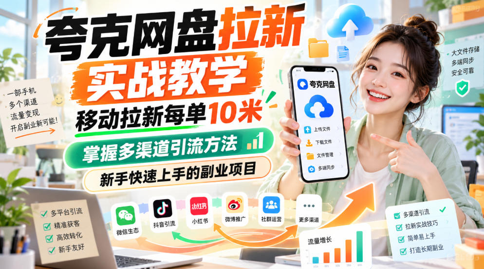 夸克网盘拉新实战教学，移动拉新每单10米，掌握多渠道引流方法，新手快速上手的副业项目|无忧资源社