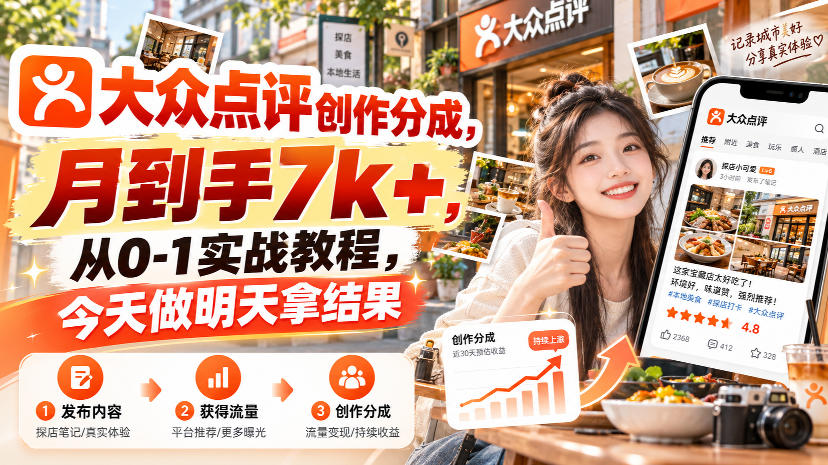 大众点评创作分成，月到手7k+，从0-1实战教程，今天做明天拿结果|无忧资源社