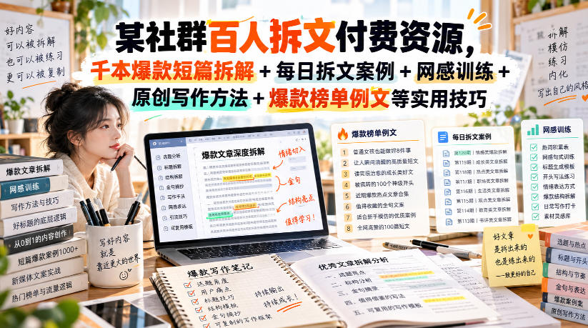 某社群百人拆文付费资源，千本爆款短篇拆解+每日拆文案例+网感训练+原创写作方法+爆款榜单例文等实用技巧(持续更新)|无忧资源社