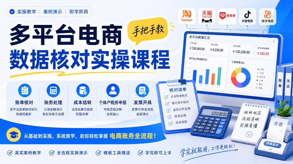 多平台电商数据核对实操课程，手把手教账单核对、账务处理、成本结转、个体户税务申报与发票开具|无忧资源社