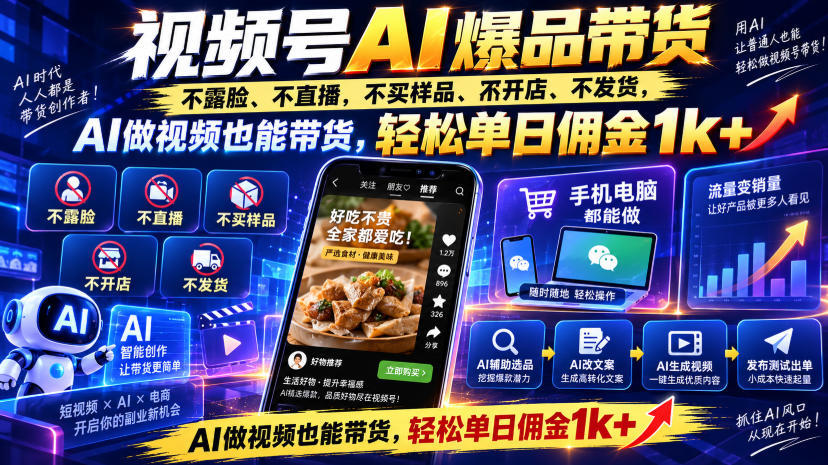 视频号Ai爆品带货，不露脸、不直播、不买样品、不开店、不发货，AI做视频也能带货，轻松单日佣金1k+|无忧资源社
