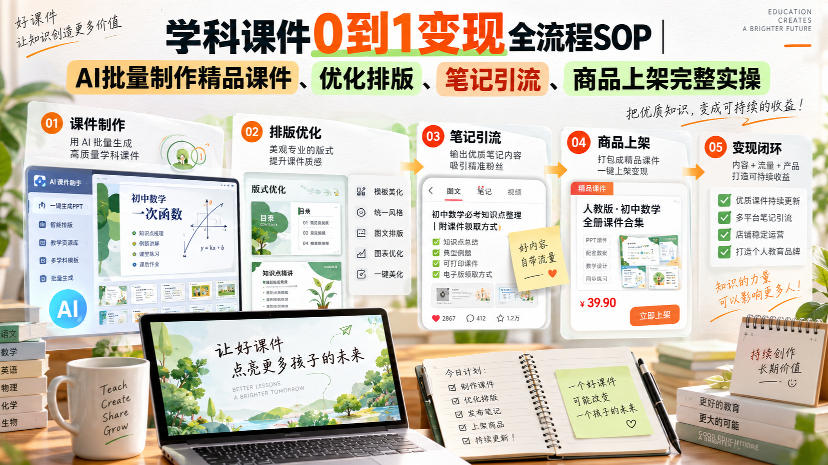学科课件0到1变现全流程SOP|AI批量制作精品课件、优化排版、笔记引流、商品上架完整实操|无忧资源社