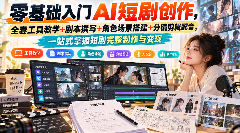 零基础入门AI短剧创作，全套工具教学+剧本撰写+角色场景搭建+分镜剪辑配音，一站式掌握短剧完整制作与变现|无忧资源社