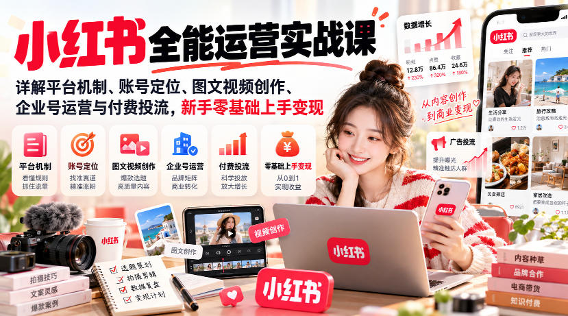 小红书全能运营实战课，详解平台机制、账号定位、图文视频创作、企业号运营与付费投流，新手零基础上手变现|无忧资源社