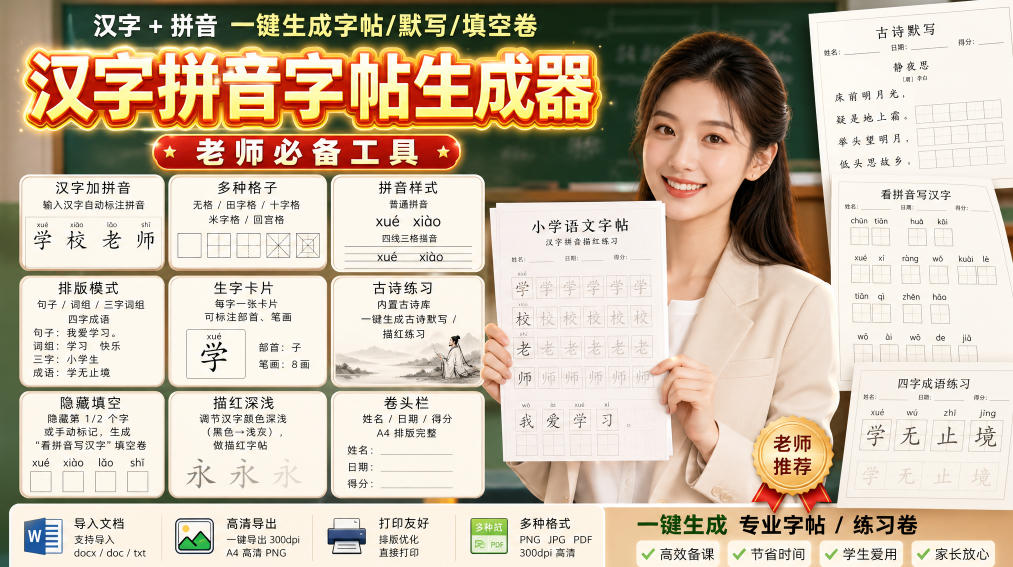 学习神器，汉字拼音字帖生成器，汉字+拼音 一键生成字帖/默写/填空卷，支持词组、成语，老师、家长必备|无忧资源社