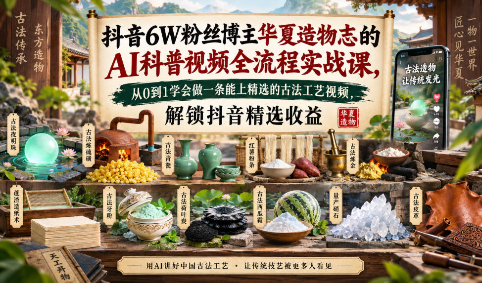 抖音6W粉丝博主华夏造物志的AI科普视频全流程实战课，从0到1学会做一条能上精选的古法工艺视频，解锁抖音精选收益|无忧资源社