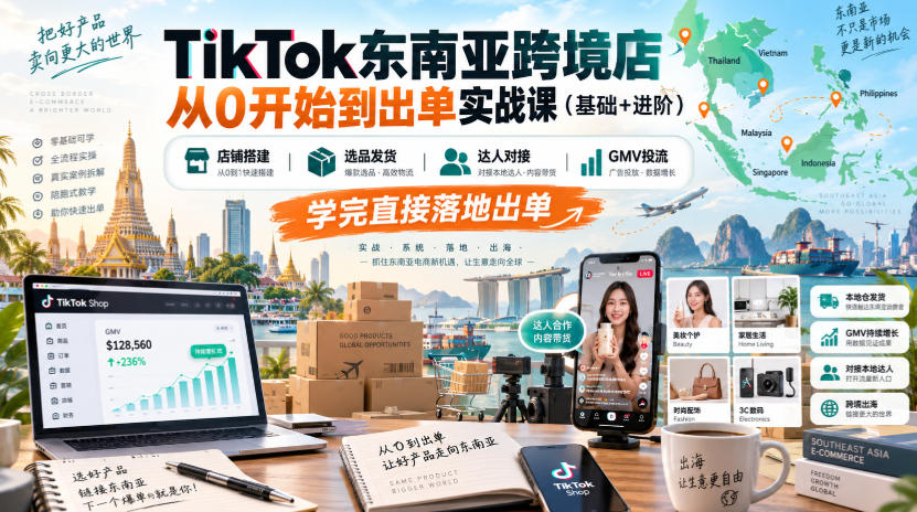 TikTok东南亚跨境店从0开始到出单实战课（基础+进阶），店铺搭建、选品发货、达人对接、GMV投流，学完直接落地出单|无忧资源社
