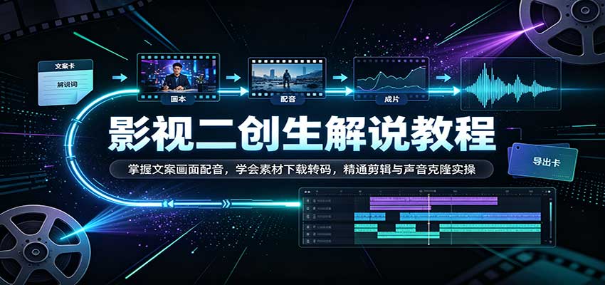 影视二创解说教程：掌握文案画面配音，学会素材下载转码，精通剪辑与声音克隆实操|无忧资源社