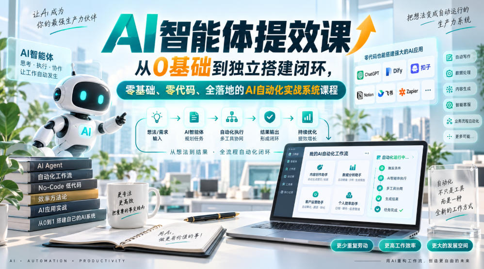 AI智能体提效课，从0基础到独立搭建闭环，零基础、零代码、全落地的AI自动化实战系统课程|无忧资源社