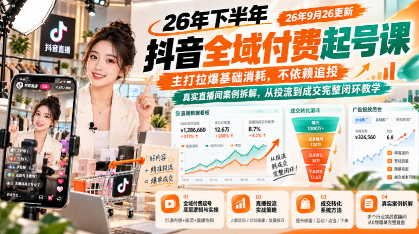 26年下半年抖音全域付费起号课26年9月26更新，主打拉爆基础消耗，不依赖追投，真实直播间案例拆解，从投流到成交完整闭环教学|无忧资源社