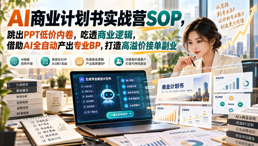 【无水印】AI商业计划书实战营SOP，跳出PPT低价内卷，吃透商业逻辑，借助AI全自动产出专业BP，打造高溢价接单副业|无忧资源社