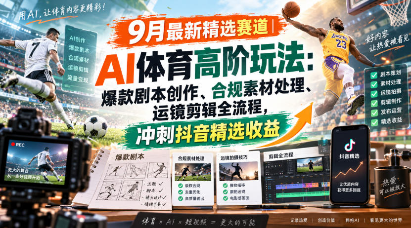 某大佬的9月最新精选赛道之AI体育顶级玩法，爆款剧本创作、版权规避、运镜剪辑全流程，稳拿抖音精选收益|无忧资源社