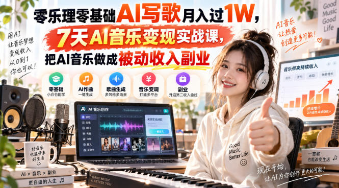 零乐理零基础AI写歌月入过1W，7天AI音乐变现实战课，把AI音乐做成被动收入副业|无忧资源社