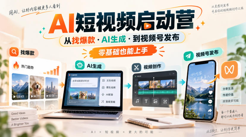 AI短视频启动营,从找爆款·AI生成·到视频号发布,零基础也能上手|无忧资源社
