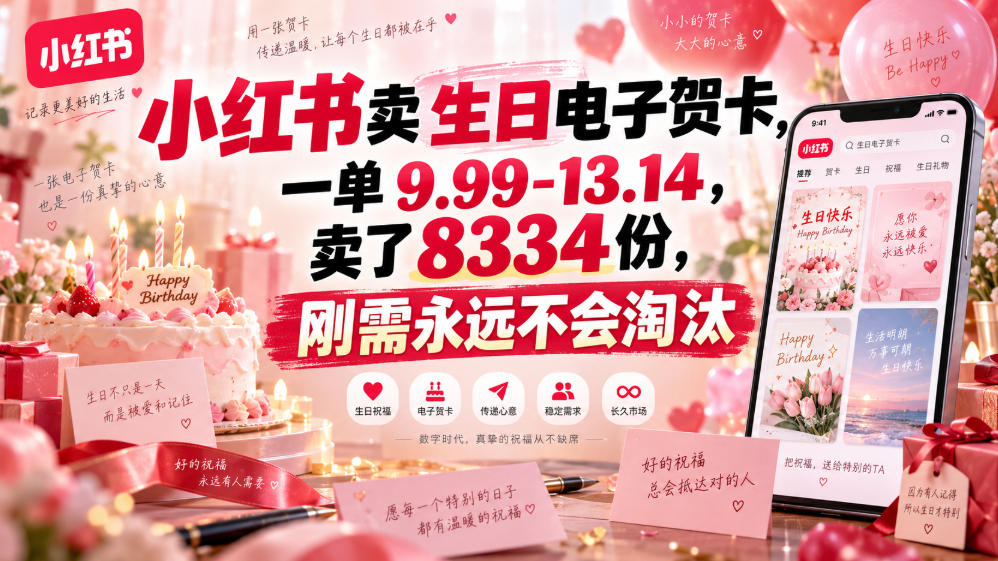 小红书卖生日电子贺卡，一单9.99-13.14，卖了8334份，刚需永远不会淘汰|无忧资源社