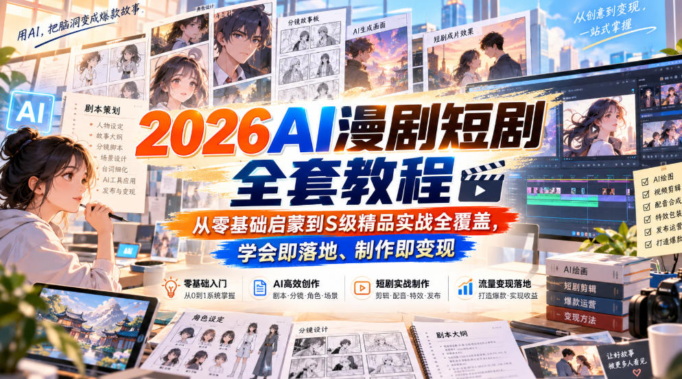【无水印】2026AI漫剧短剧全套教程，从零基础启蒙到S级精品实战全覆盖，学会即落地、制作即变现|无忧资源社